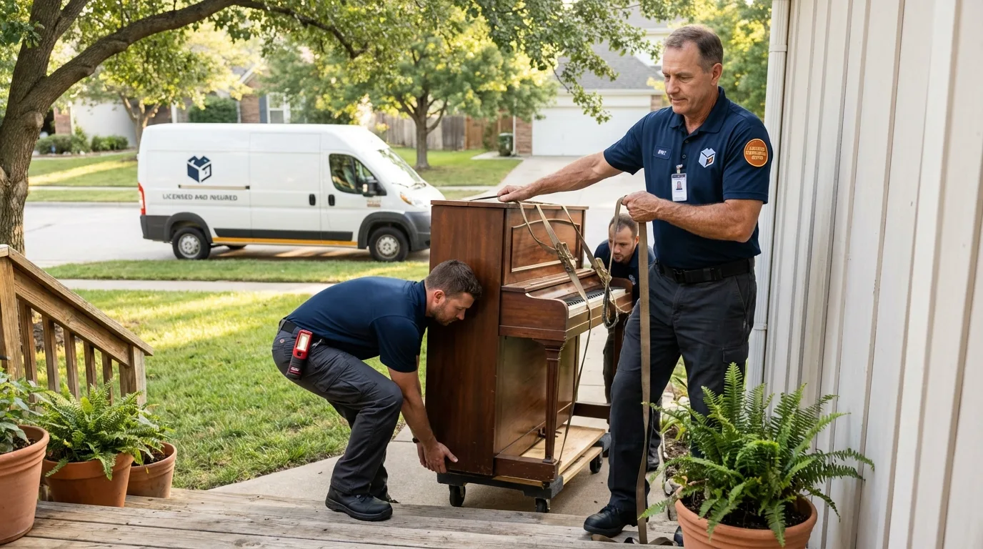 Licensed piano movers securing grand piano in Hollis Center, ME