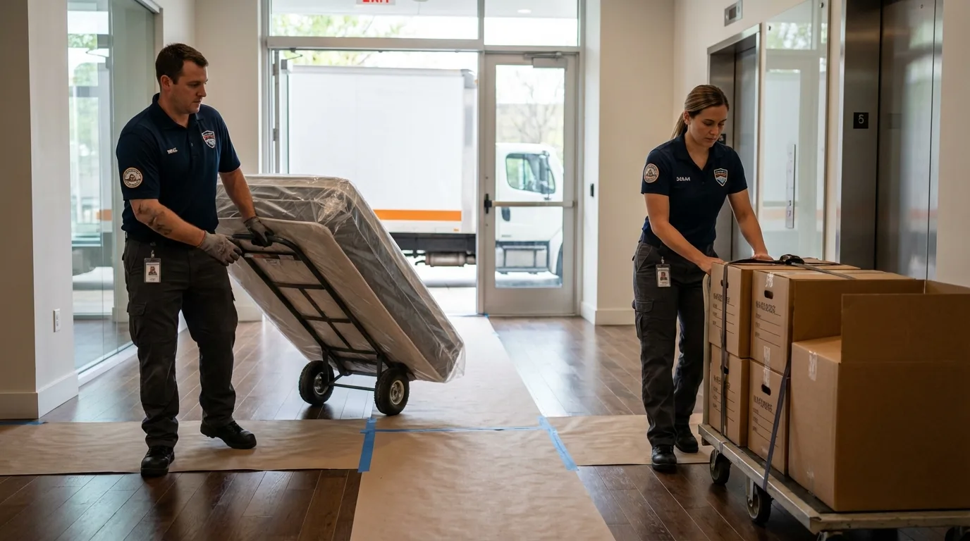 Professional apartment movers loading elevator in Hollis Center, ME
