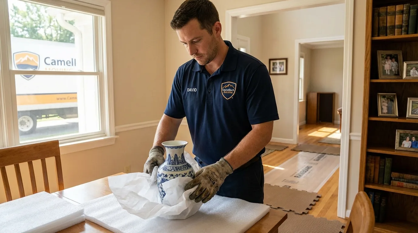 Professional crew carefully wrapping antique vase for senior downsizing move in Hollis Center, ME