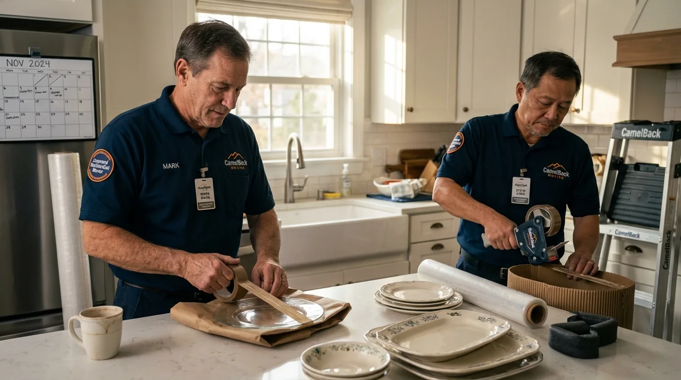 Professional crew packing kitchen dishware in Hollis Center, ME